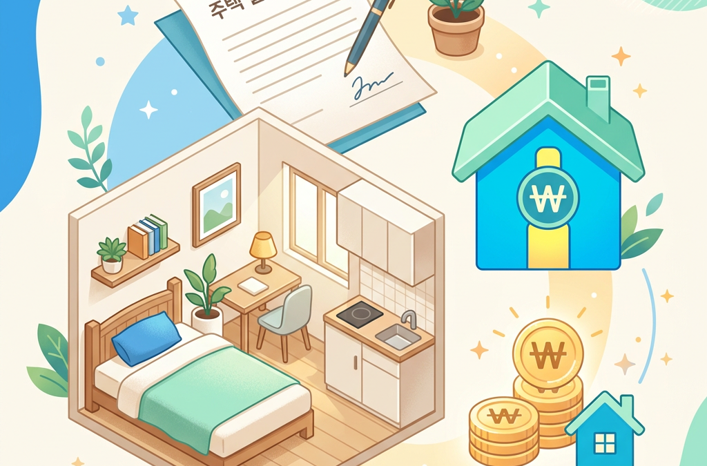 Illustration of a room, Korean rent contract, won symbols, homes, and text 주거 지원